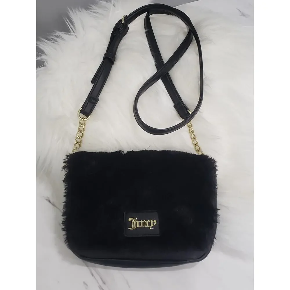 Juicy Couture Black Fur Crossbody Bag‎ & Pom Pom KeychainCharm